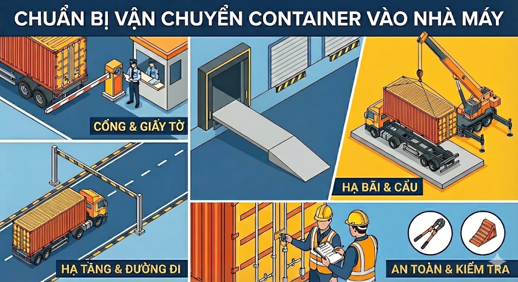 Chuẩn bị vận chuyển container vào nhà máy
