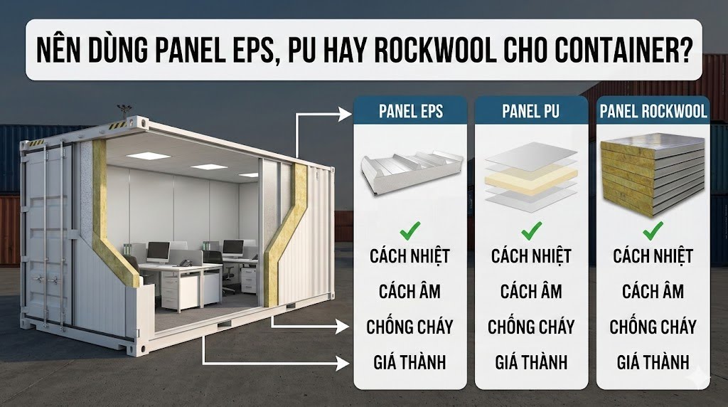 Nên dùng panel EPS, PU hay rockwool cho container? 3 Cách nhiệt cho container